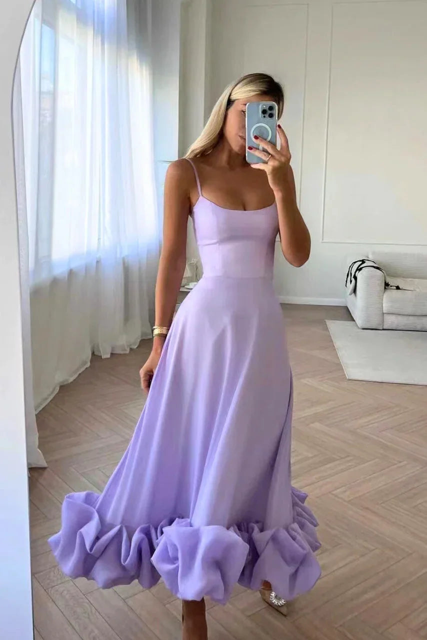 Vestido midi de tirantes finos con bajo con volantes para mujer-Maxi Dress-Casaluzia