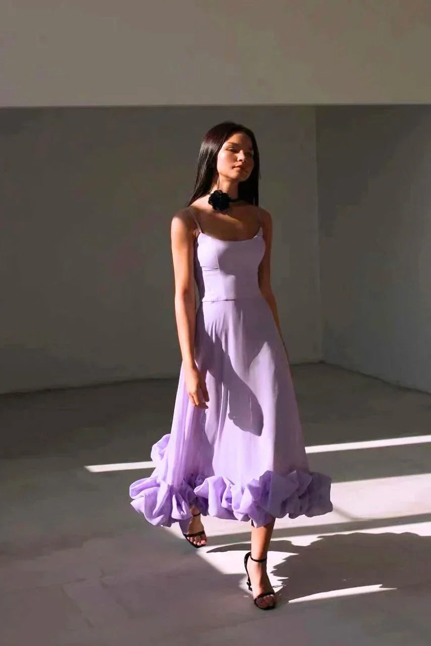 Vestido midi de tirantes finos con bajo con volantes para mujer-Maxi Dress-Casaluzia