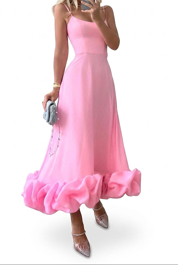 Vestido midi de tirantes finos con bajo con volantes para mujer-Maxi Dress-Casaluzia