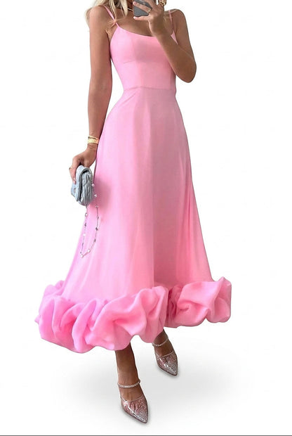 Vestido midi de tirantes finos con bajo con volantes para mujer-Maxi Dress-Casaluzia