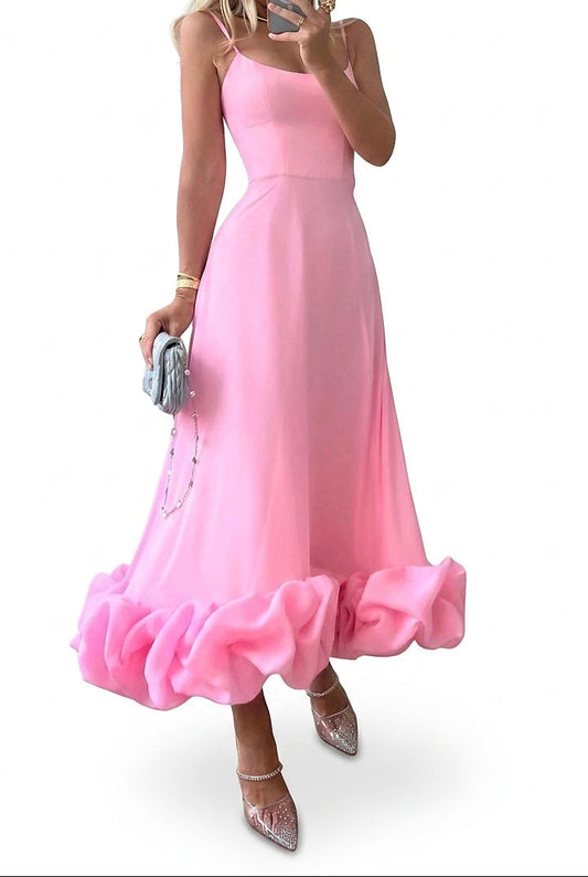 Vestido midi de tirantes finos con bajo con volantes para mujer-Maxi Dress-Casaluzia