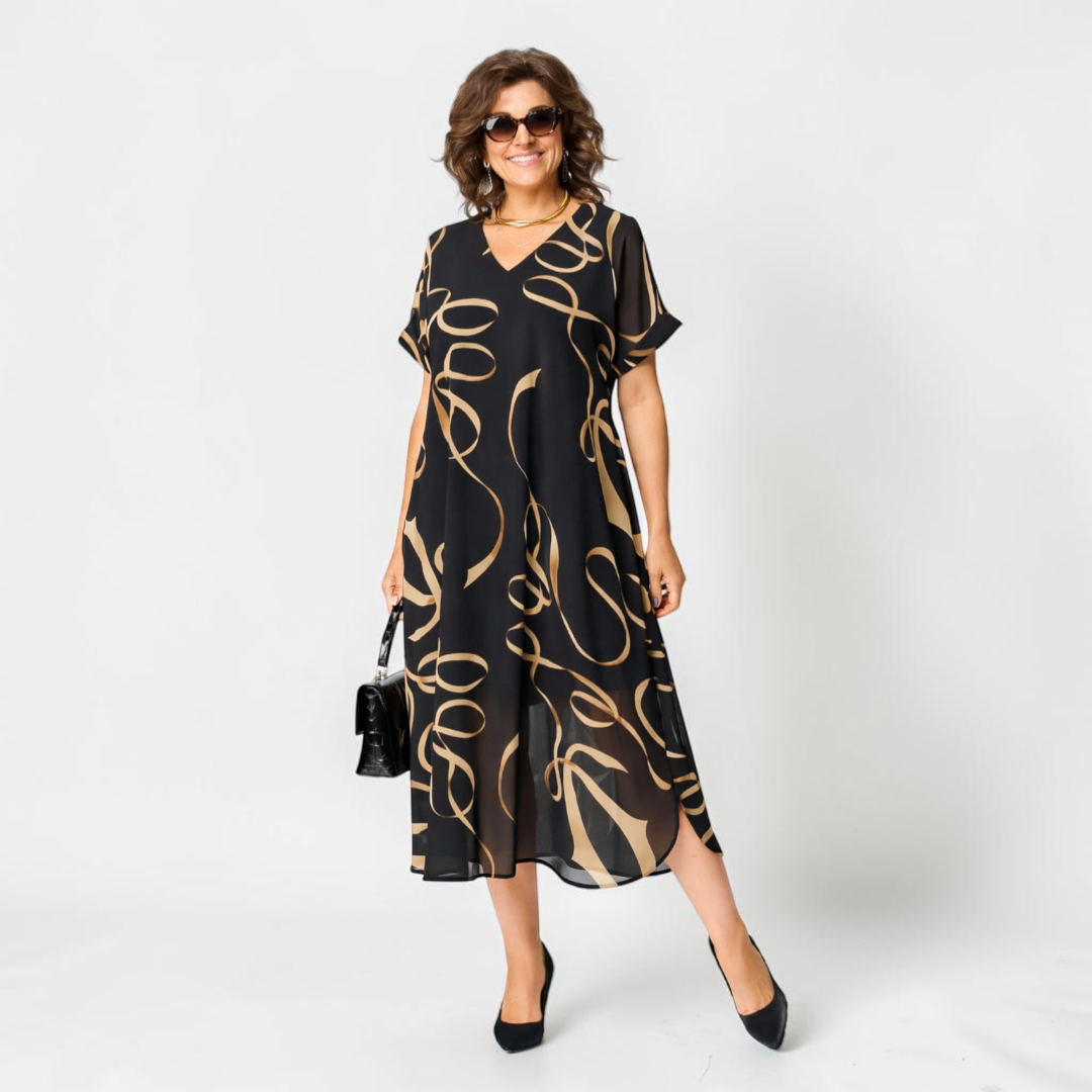 Vestido midi estampado con cuello en V para mujer-Midi Dress-Casaluzia