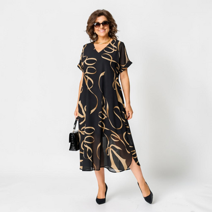 Vestido midi estampado con cuello en V para mujer-Midi Dress-Casaluzia