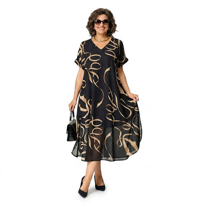 Vestido midi estampado con cuello en V para mujer-Midi Dress-Casaluzia