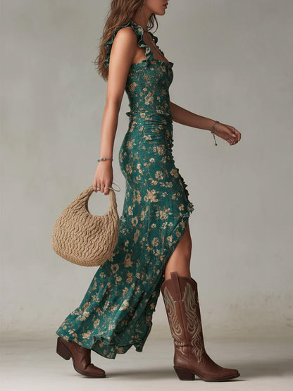 Vestido midi floral con nido de abeja y volantes para mujer-Midi Dress-Casaluzia