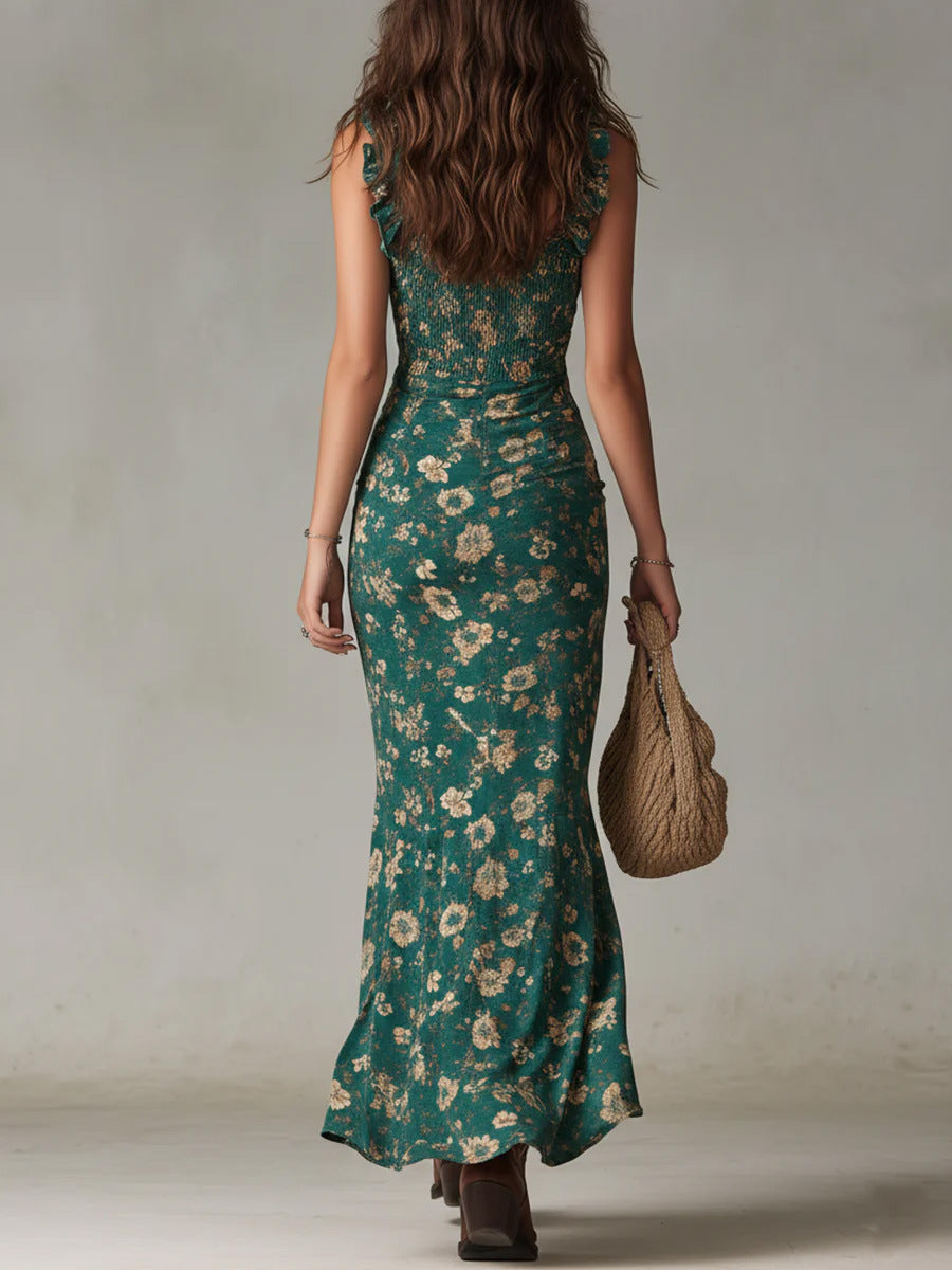 Vestido midi floral con nido de abeja y volantes para mujer-Midi Dress-Casaluzia