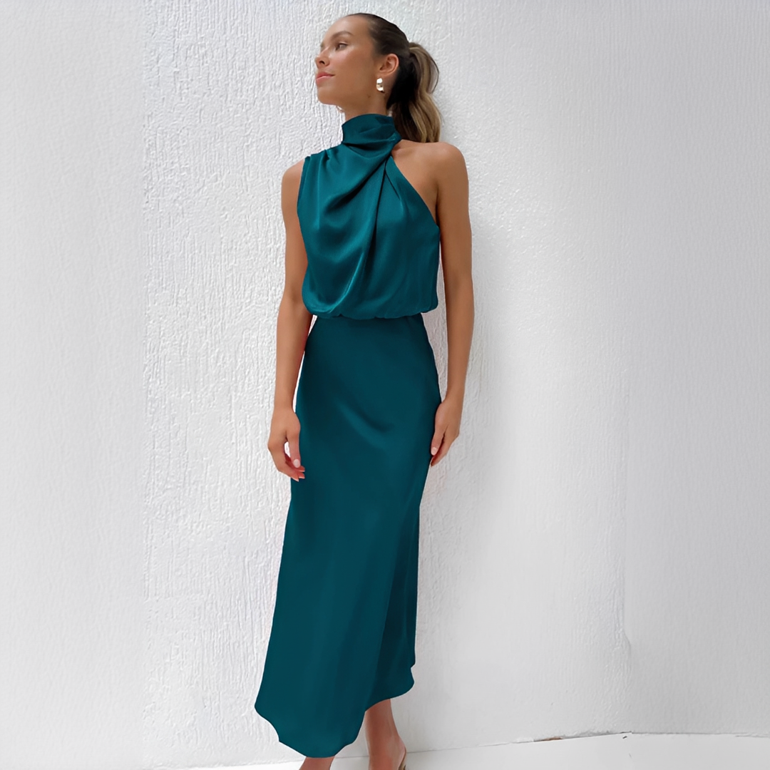 Vestido midi mujer con cuello alto y parte superior drapeada-Midi Dress-Casaluzia