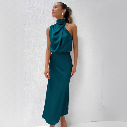 Vestido midi mujer con cuello alto y parte superior drapeada-Midi Dress-Casaluzia