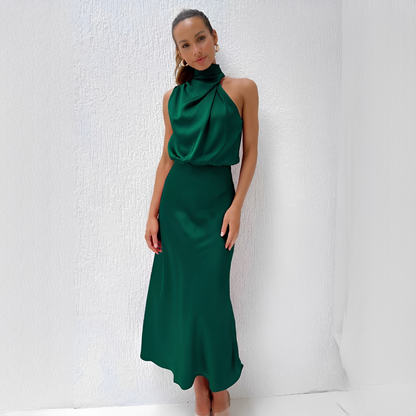 Vestido midi mujer con cuello alto y parte superior drapeada-Midi Dress-Casaluzia