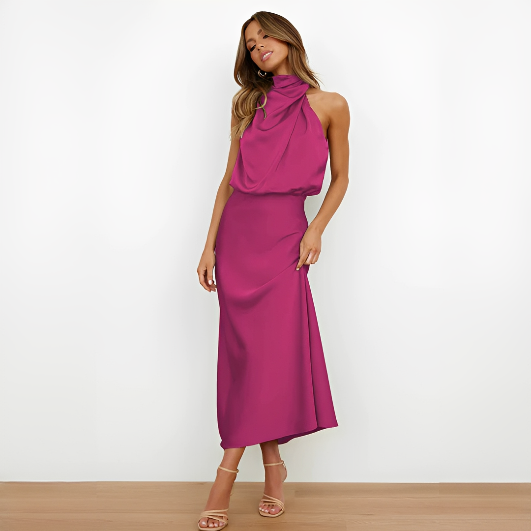 Vestido midi mujer con cuello alto y parte superior drapeada-Midi Dress-Casaluzia