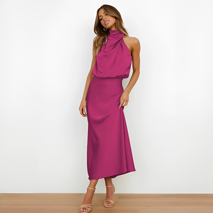 Vestido midi mujer con cuello alto y parte superior drapeada-Midi Dress-Casaluzia