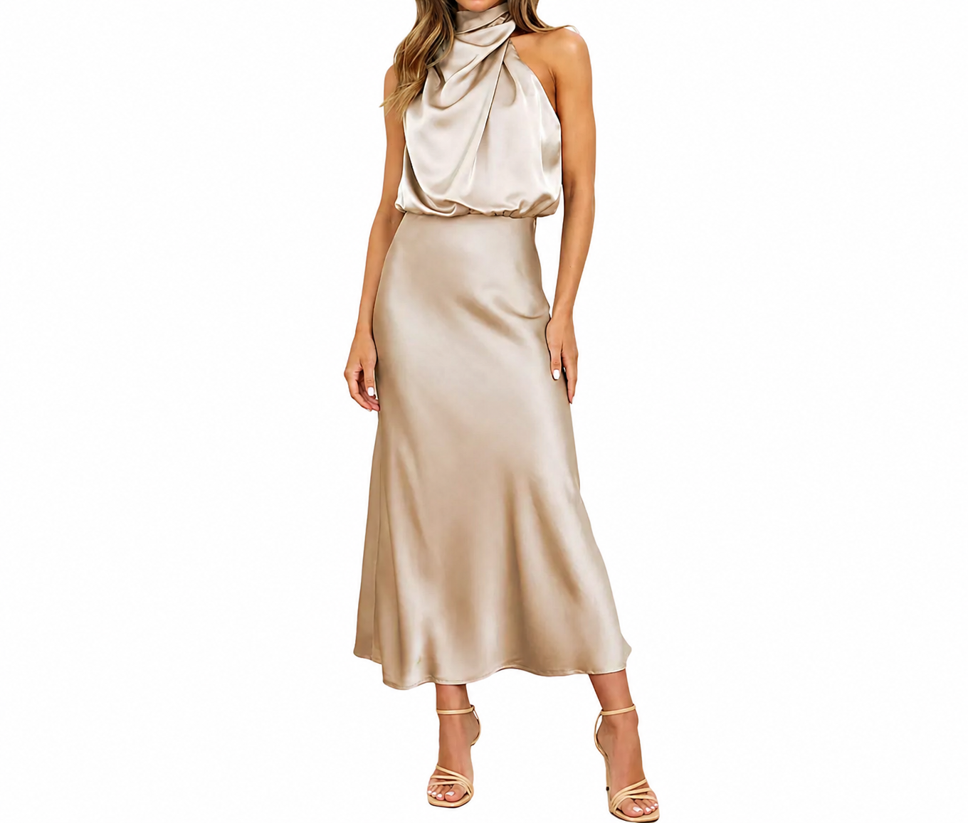 Vestido midi mujer con cuello alto y parte superior drapeada-Midi Dress-Casaluzia