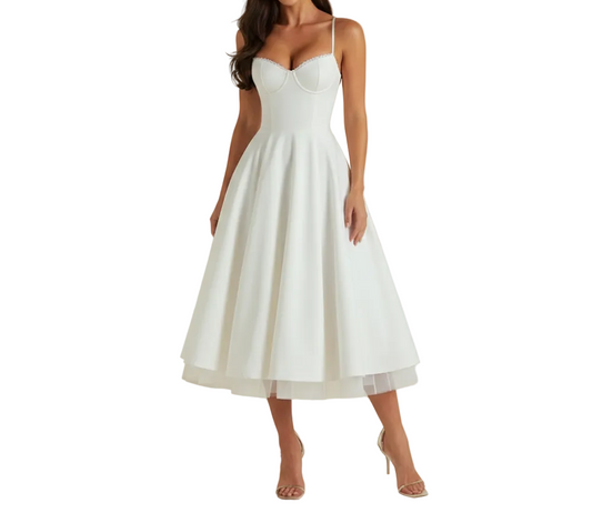 Vestido midi mujer con cuerpo tipo corsé y tirantes finos-Midi Dress-Casaluzia
