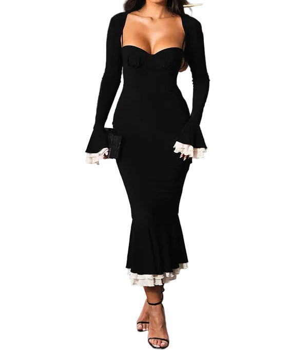Vestido midi mujer con escote corazón, mangas largas y volantes-Midi Dress-Casaluzia