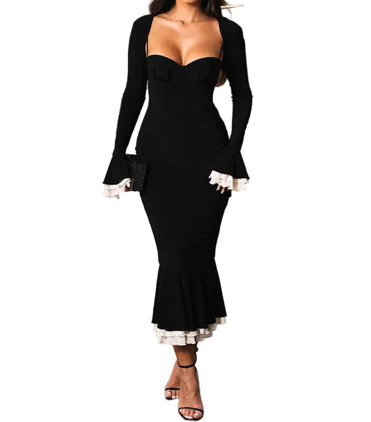 Vestido midi mujer con escote corazón, mangas largas y volantes-Midi Dress-Casaluzia