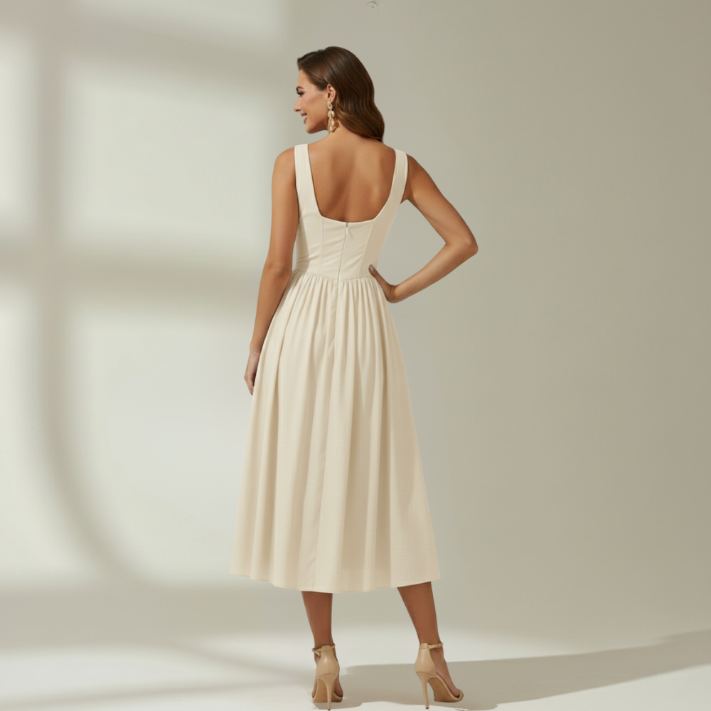 Vestido midi mujer con escote en V profundo y diseño sin mangas-Midi Dress-Casaluzia