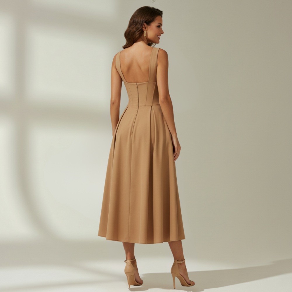 Vestido midi mujer con escote en V profundo y diseño sin mangas-Midi Dress-Casaluzia