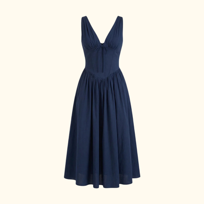 Vestido midi mujer con escote en V profundo y diseño sin mangas-Midi Dress-Casaluzia