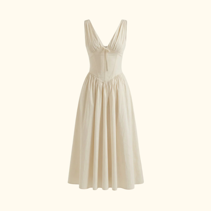 Vestido midi mujer con escote en V profundo y diseño sin mangas-Midi Dress-Casaluzia