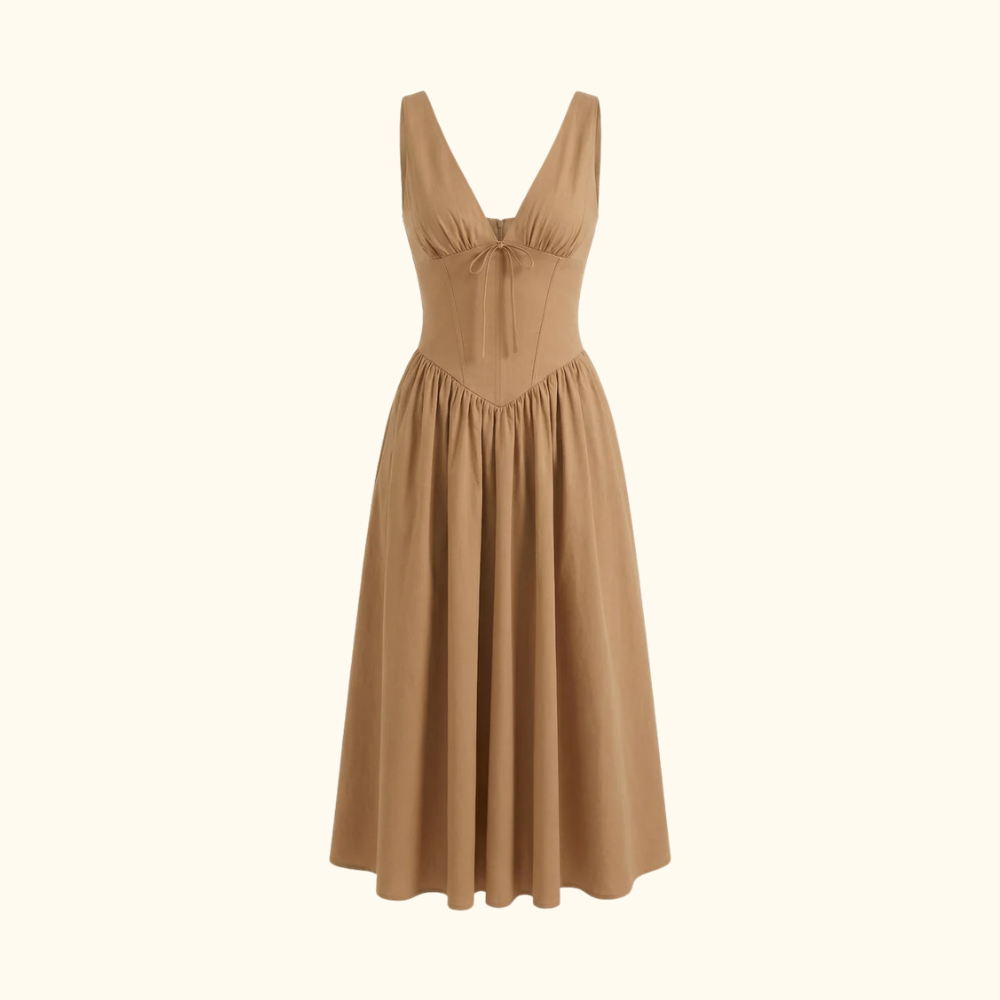 Vestido midi mujer con escote en V profundo y diseño sin mangas-Midi Dress-Casaluzia