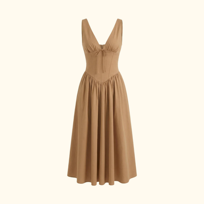 Vestido midi mujer con escote en V profundo y diseño sin mangas-Midi Dress-Casaluzia