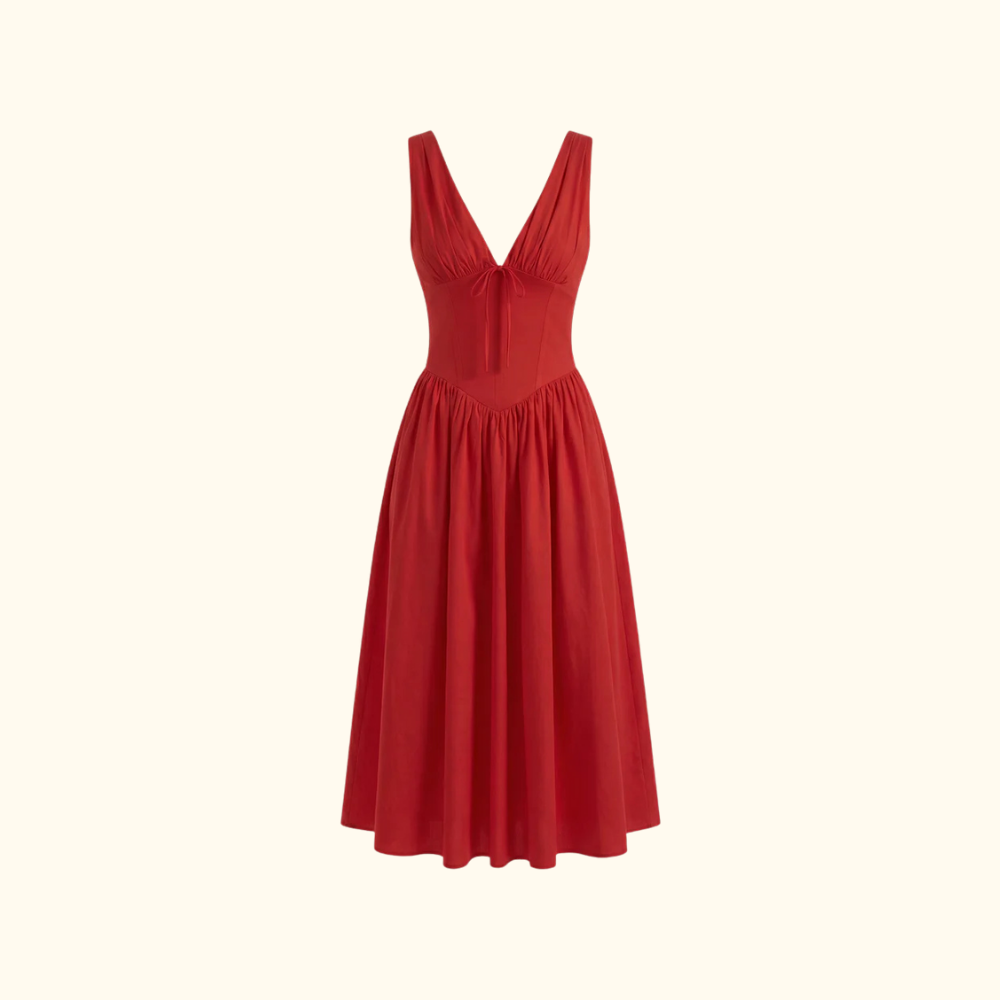Vestido midi mujer con escote en V profundo y diseño sin mangas-Midi Dress-Casaluzia