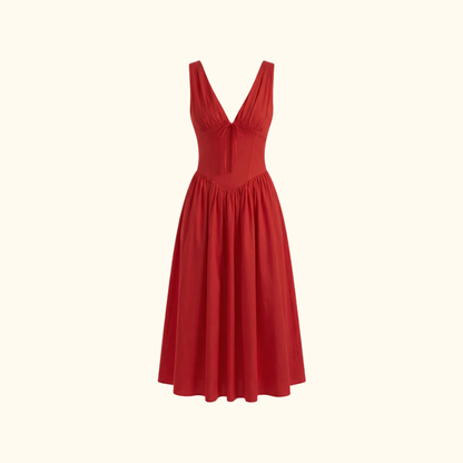 Vestido midi mujer con escote en V profundo y diseño sin mangas-Midi Dress-Casaluzia