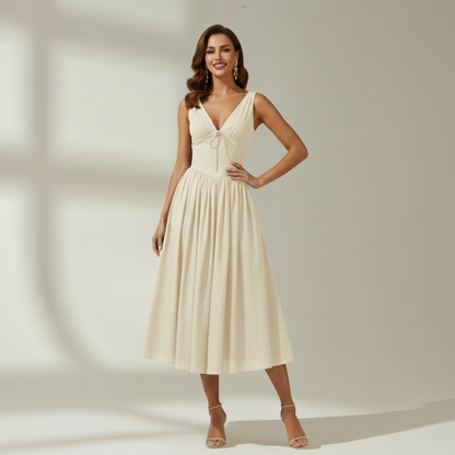 Vestido midi mujer con escote en V profundo y diseño sin mangas-Midi Dress-Casaluzia