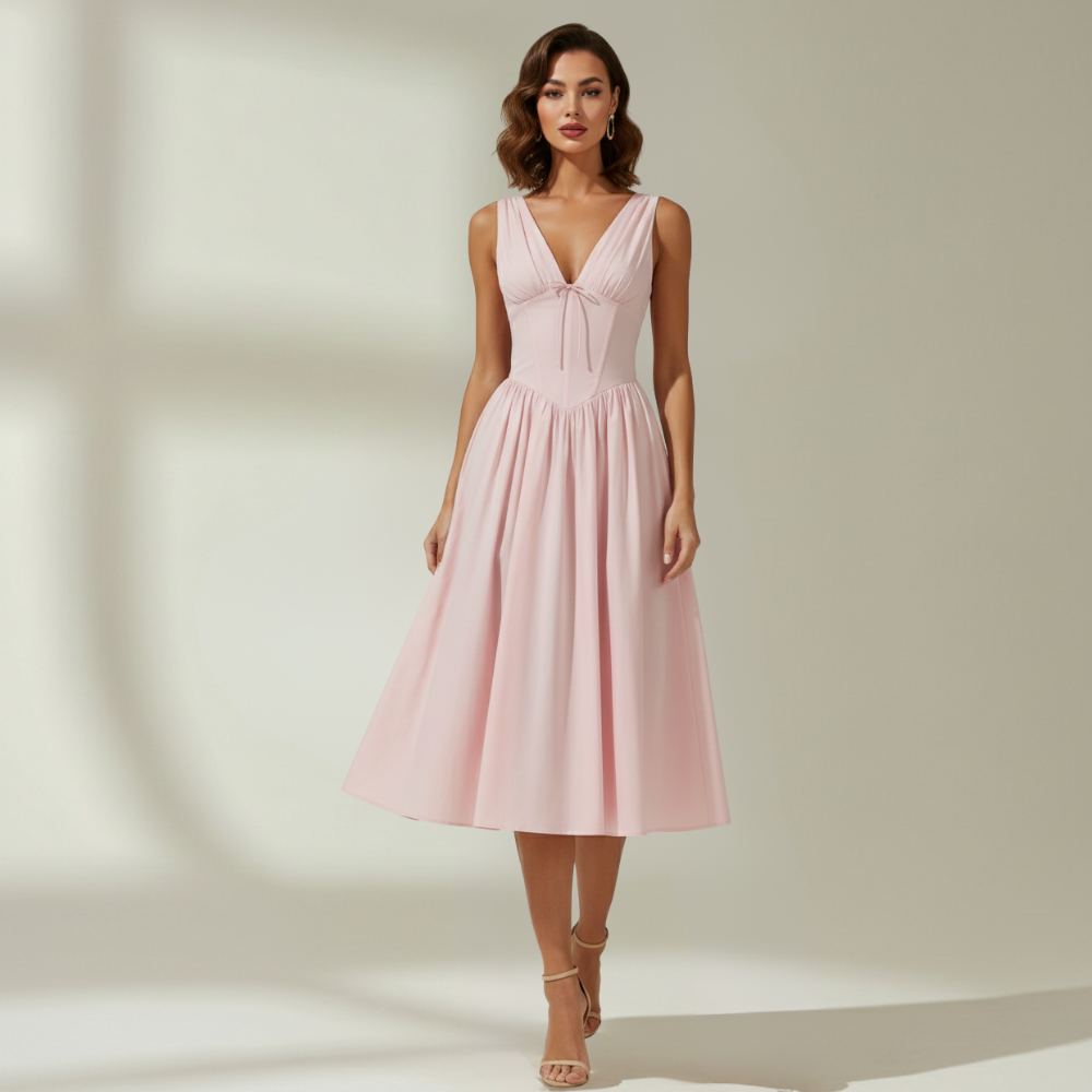 Vestido midi mujer con escote en V profundo y diseño sin mangas-Midi Dress-Casaluzia