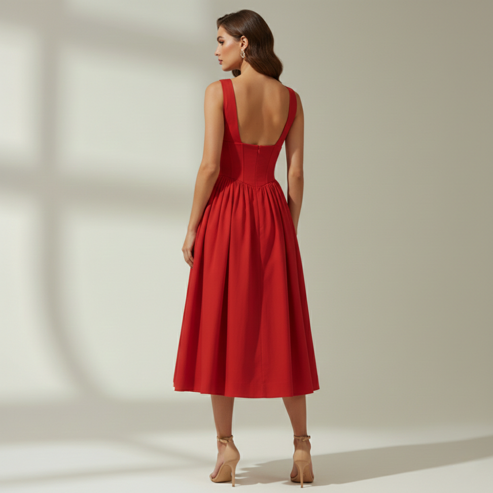 Vestido midi mujer con escote en V profundo y diseño sin mangas-Midi Dress-Casaluzia