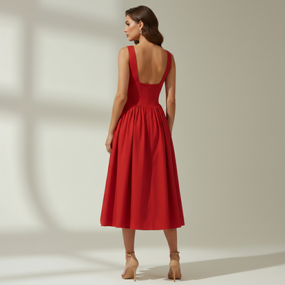 Vestido midi mujer con escote en V profundo y diseño sin mangas-Midi Dress-Casaluzia