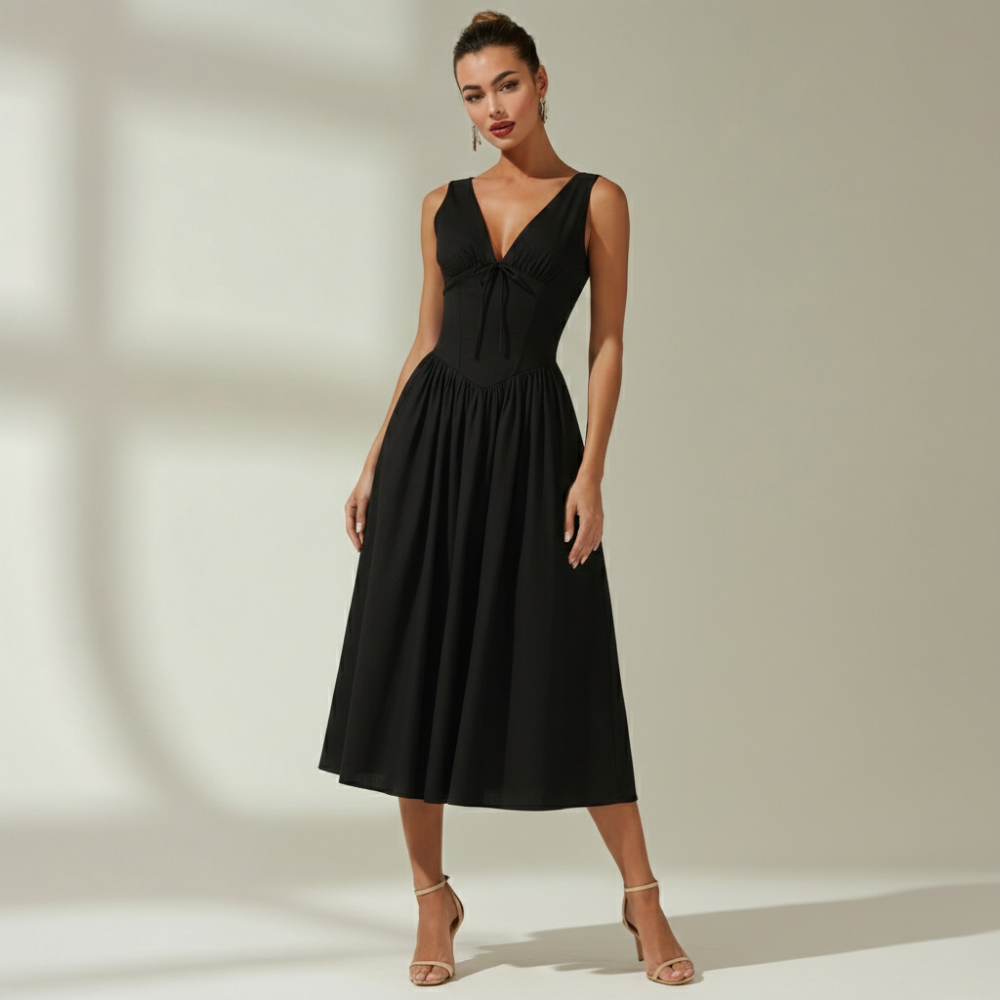 Vestido midi mujer con escote en V profundo y diseño sin mangas-Midi Dress-Casaluzia