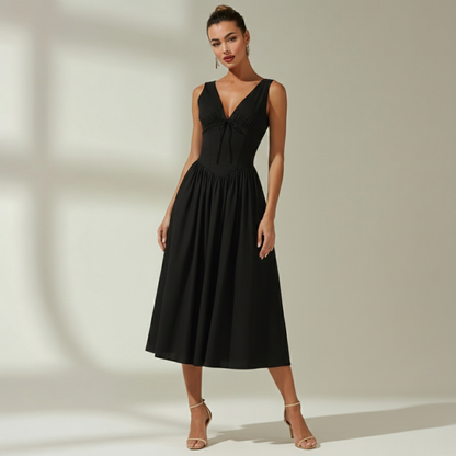 Vestido midi mujer con escote en V profundo y diseño sin mangas-Midi Dress-Casaluzia