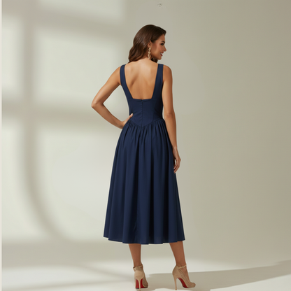 Vestido midi mujer con escote en V profundo y diseño sin mangas-Midi Dress-Casaluzia