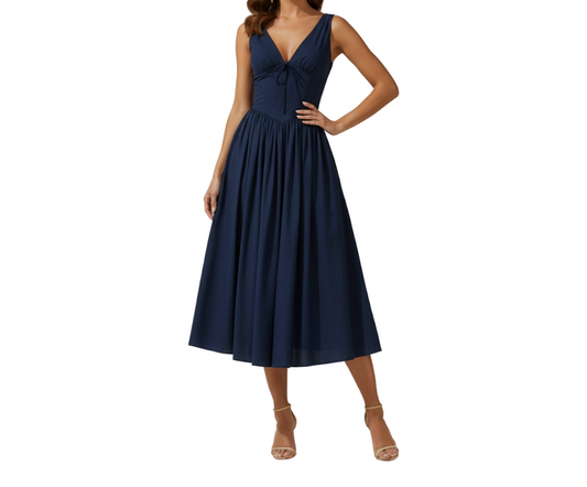 Vestido midi mujer con escote en V profundo y diseño sin mangas-Midi Dress-Casaluzia
