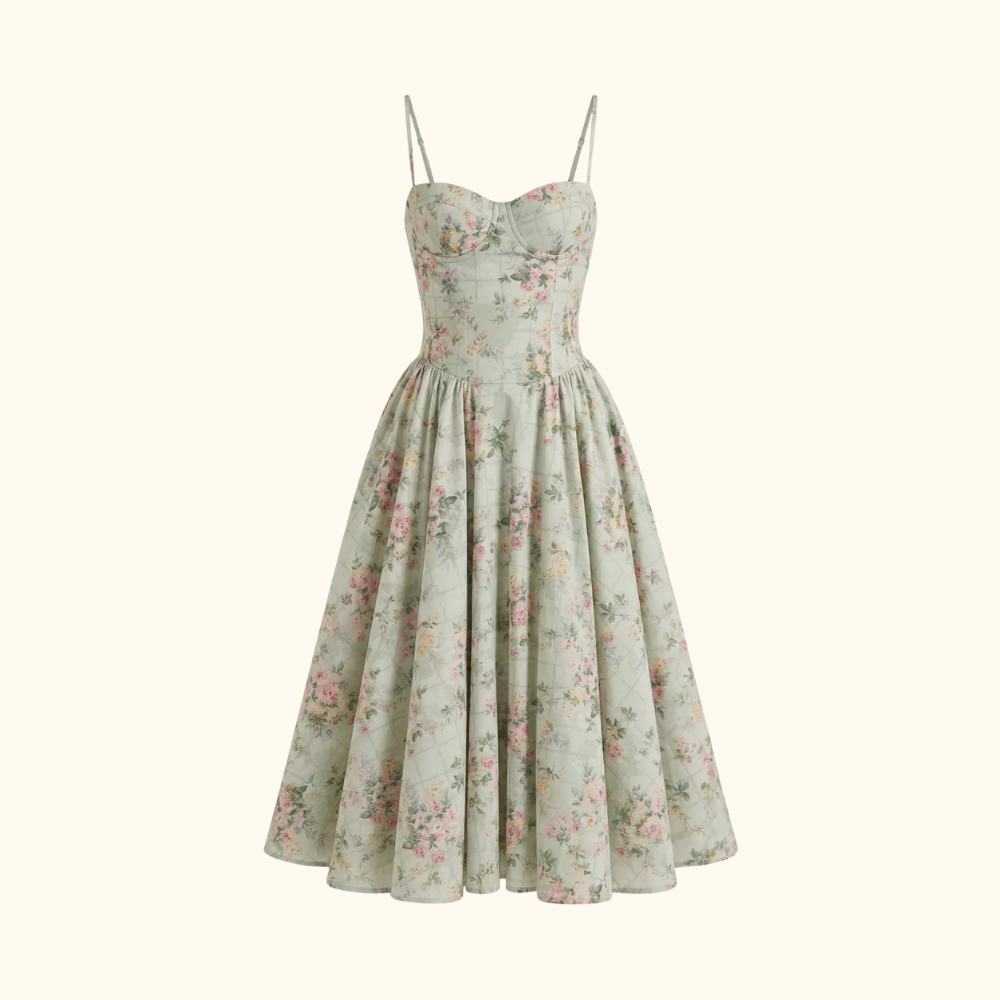 Vestido midi mujer con estampado floral y tirantes finos-Midi Dress-Casaluzia