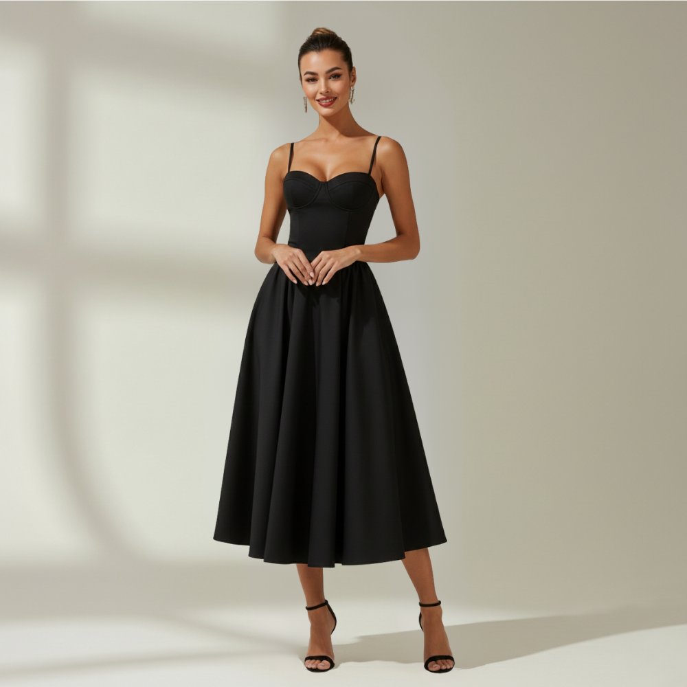 Vestido midi mujer con estampado floral y tirantes finos-Midi Dress-Casaluzia