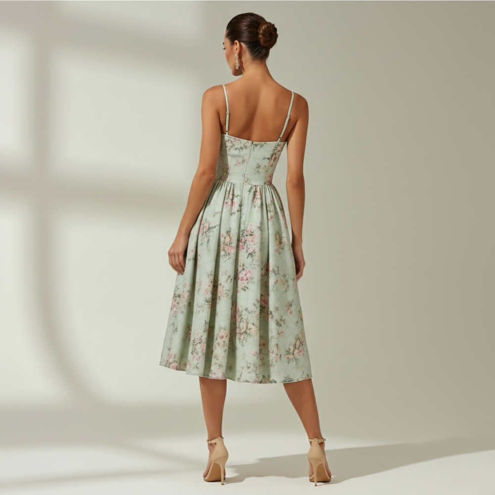Vestido midi mujer con estampado floral y tirantes finos-Midi Dress-Casaluzia