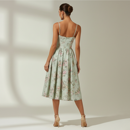 Vestido midi mujer con estampado floral y tirantes finos-Midi Dress-Casaluzia