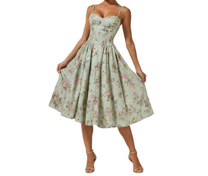 Vestido midi mujer con estampado floral y tirantes finos-Midi Dress-Casaluzia