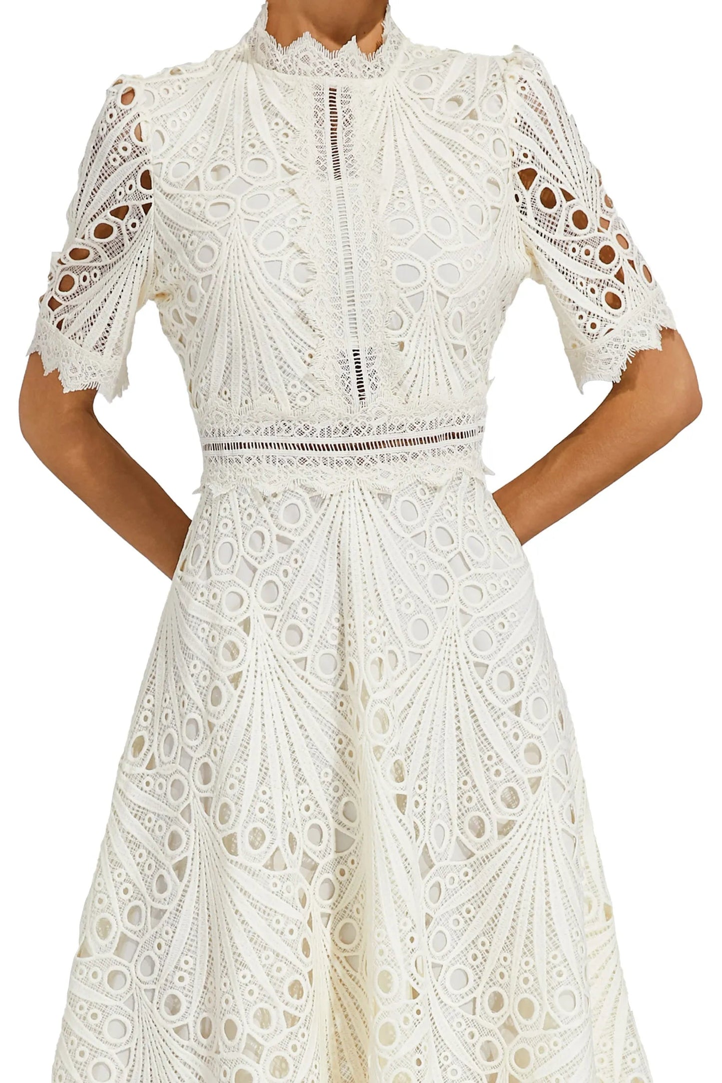 Vestido midi mujer con estructura de encaje y cuello alto-Midi Dress-Casaluzia