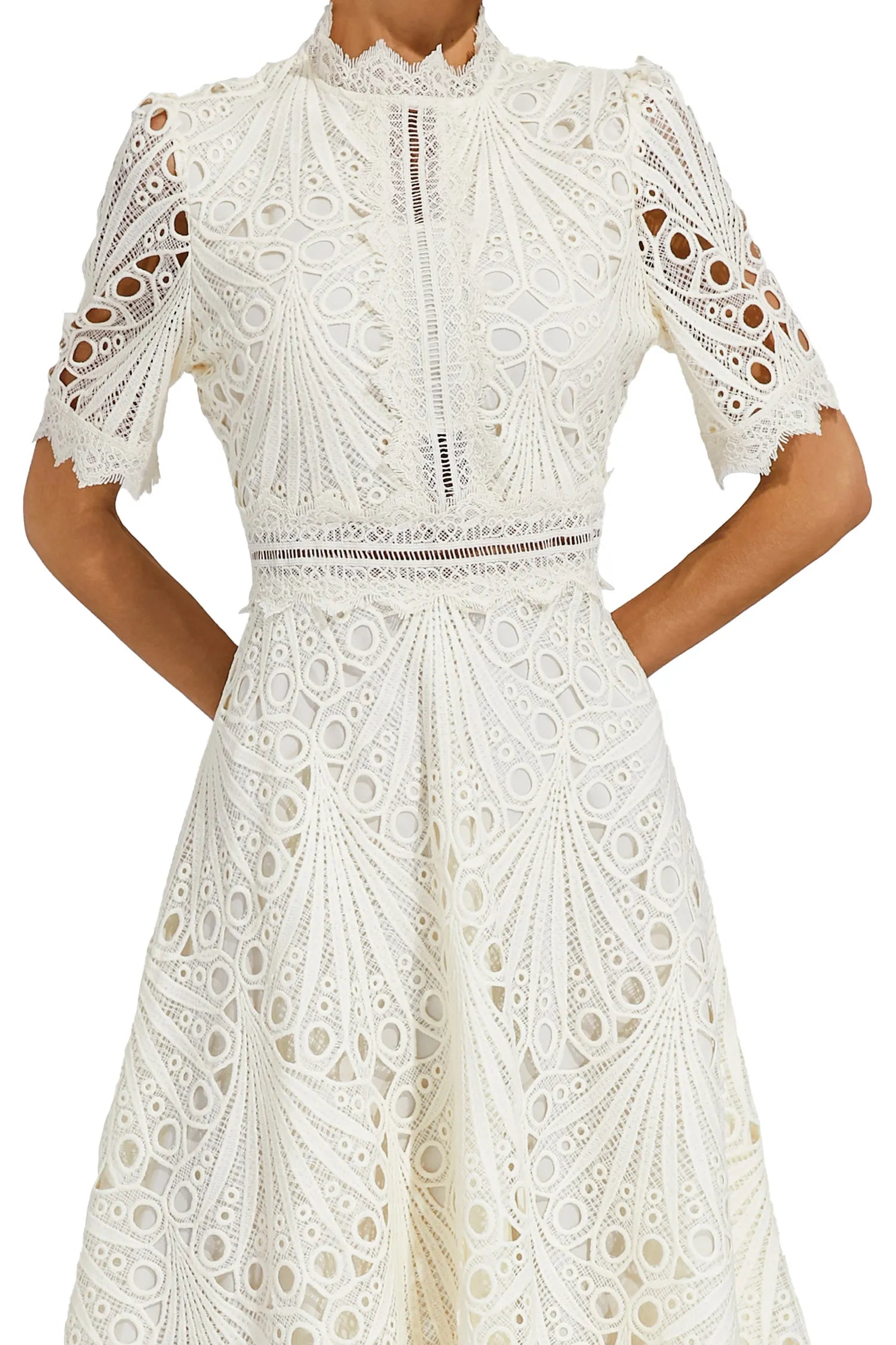 Vestido midi mujer con estructura de encaje y cuello alto-Midi Dress-Casaluzia