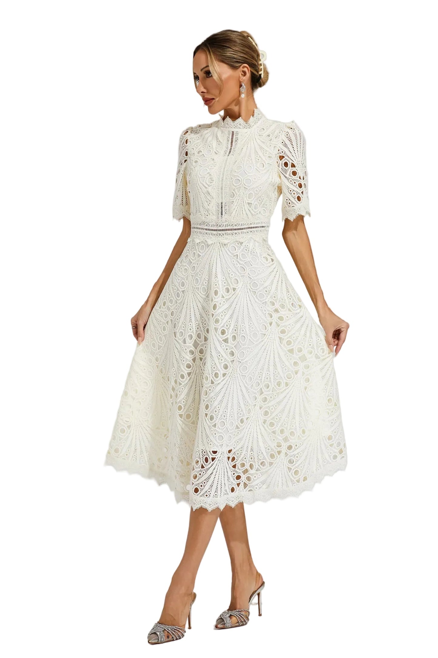 Vestido midi mujer con estructura de encaje y cuello alto-Midi Dress-Casaluzia