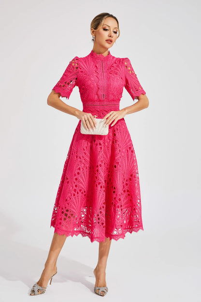Vestido midi mujer con estructura de encaje y cuello alto-Midi Dress-Casaluzia