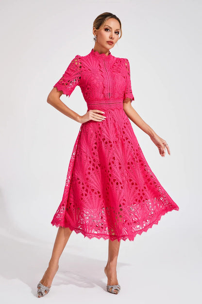 Vestido midi mujer con estructura de encaje y cuello alto-Midi Dress-Casaluzia