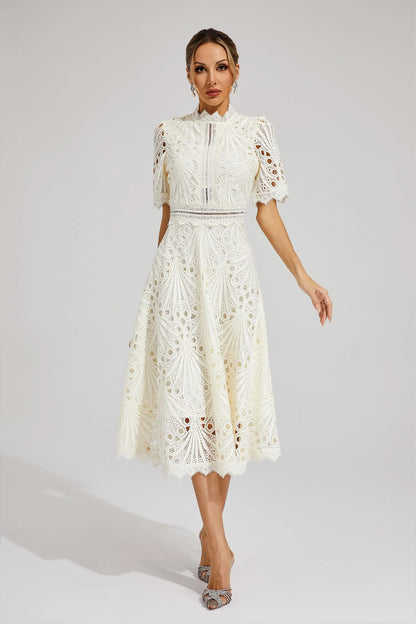 Vestido midi mujer con estructura de encaje y cuello alto-Midi Dress-Casaluzia