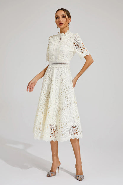 Vestido midi mujer con estructura de encaje y cuello alto-Midi Dress-Casaluzia