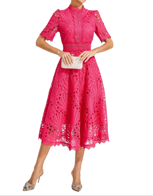 Vestido midi mujer con estructura de encaje y cuello alto-Midi Dress-Casaluzia