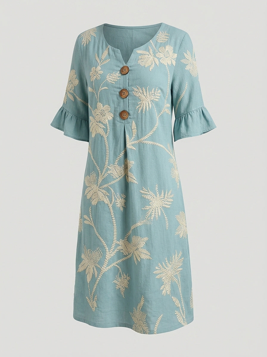 Vestido midi para mujer con botones y bordado floral-Midi Dress-Casaluzia