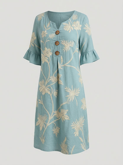 Vestido midi para mujer con botones y bordado floral-Midi Dress-Casaluzia